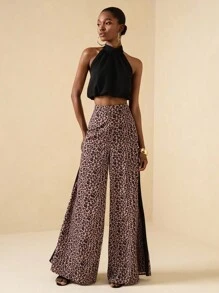 Lyxana Halter Backless Top & Wide Leg Pants Set, Leopard Print Color Block Elegant Chic Women's 2 Pieces Outfit - Multicolor - View 6