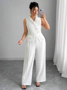 Elenzga 大码优雅荷叶边背心和裤子两件套，夏季 - 白色 - 查看 7
