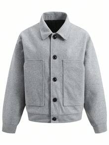 Manfinity Homme 大码男士纯色简约休闲长袖夹克，秋季 - 灰色 - 查看 1