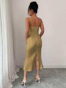 Elenzga Women's Elegant & Fashionable Solid Color Sleeveless Bodycon Dress With Metal Buckle Decor, Summer - Khaki - View 2