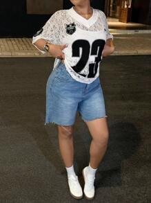 Dripcurv Plus Size Sheer Patchwork Loose Casual Fashion T-Shirt, Suitable For Summer Vacation Western Wear Business Casual Festival Airport Graduation - White - View 5