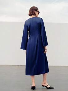 Uhlyne Đầm ôm dáng tay dài cổ tròn thanh lịch tối giản dành cho nữ dự tiệc đi làm hàng ngày - Màu xanh hải quân - Xem 4