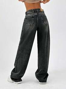 CasuGlow 100% Cotton LOW RISE WIDELEG CUT VINTAGE WASH Y2K BAGGY JEANS - Dark Grey - View 2