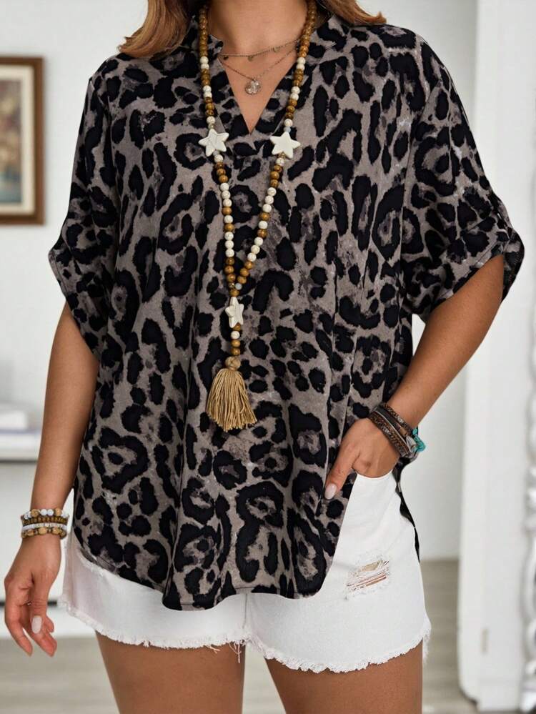 Plus Size Leisure Leopard Printed Cut-Out Collar Shirt,Going Out Tops Women,Plus Size Women Clothes,Suitable For Early Autumn