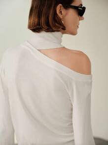 Uhlyne Uhlyne Pull en tricot blanc minimaliste, élégant et polyvalent pour femmes. Col montant asymétrique, ajusté. Idéal pour le bureau, l'école, l'automne. Tenue de travail modeste et neutre en tricot tout blanc pour le printemps, l'automne et l'hiver. - Blanc - Voir 3