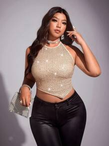SHEIN PETITE CURVE Áo hai dây hở lưng sequin bất đối xứng gợi cảm cỡ lớn cho bữa tiệc - Màu be - Xem 5