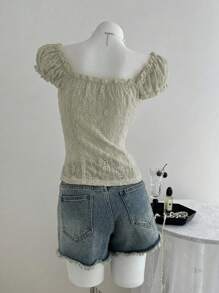 Elamini 女式纹理提花方领泡泡袖收腰修身T恤，春夏 - 薄荷綠 - 查看 2