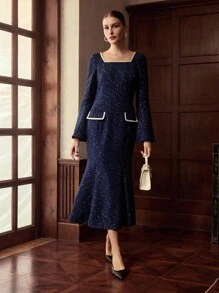 ZEYLAH Square Neck Ribbon Tweed Long Elegant Dress, Autumn/Winter - Navy Blue - View 6