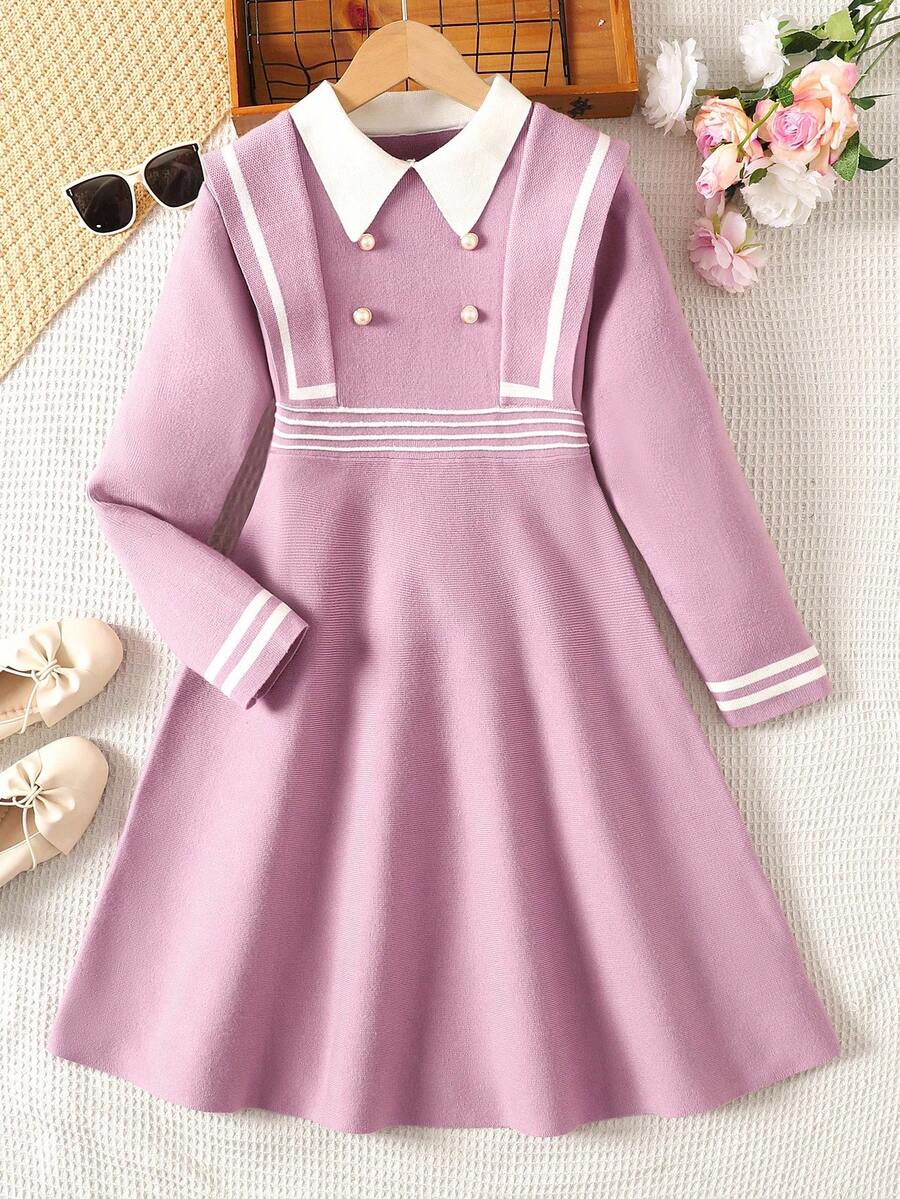SHEIN Tween Girl Long Sleeve Collared Fitted Casual Sweater Dress,In Fall/Winter - Dusty Pink - View 1