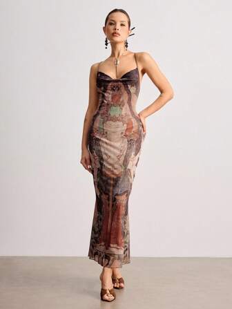 ROMWE Avant Oriental Aesthetic Vintage Buddha Statue Mesh Women Long Dress