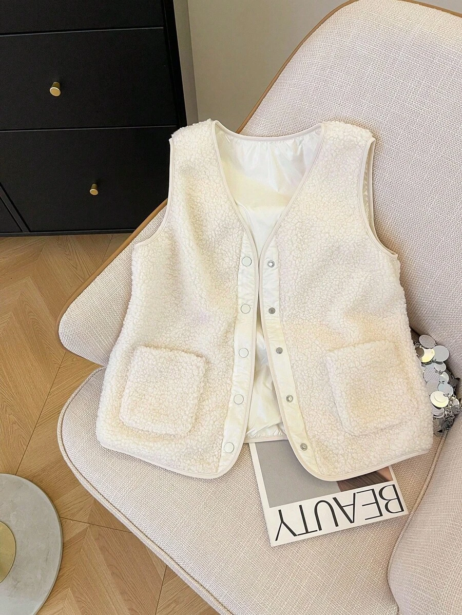 INAWLY 女士纯色无袖口袋设计短款夹克，简约百搭，秋冬 - 米色 - 查看 1