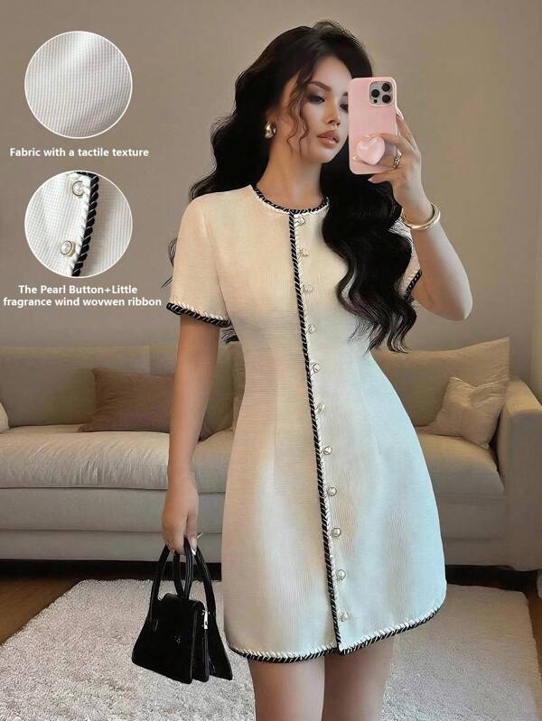 Islaluna Elegante vestido corto de mujer con cuello redondo, cintura entallada y manga corta con botones, color albaricoque, para uso en la oficina y paseos, primavera/verano