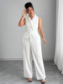 Elenzga 大码优雅荷叶边背心和裤子两件套，夏季 - 白色 - 查看 4