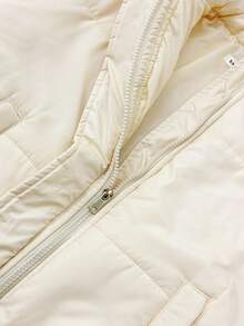 Casual Minimalist Beige Stand Collar Thick Padded Coat For Tween Girls Versatile For Commuting Fall Winter - Beige - View 3