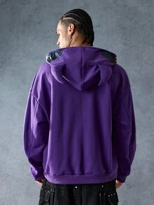 ROMWE MEN Anime Men's Casual Daily Letter Pattern Zip-Up Sweatshirt , Fall - Purple - View 3