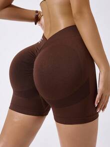 Dewbera 女式字母印花褶饰休闲健身运动短裤 - 棕色 - 查看 6