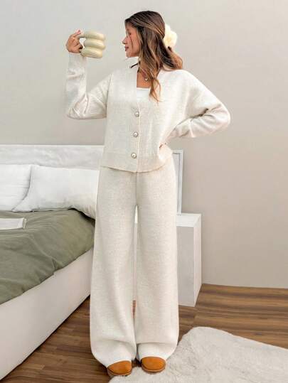 EURMUSE Woman V Neck Long Sleeves With Pearl Buttons Cardigan And Pants Two Pieces Knitwear Set Two Piece Set Women Comfy 2 Piece Lounge Sets Woman Comfortable Two Piece Set Two Piece Sweater Set Women Knit Two Piece Set