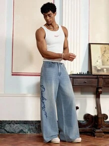 SWAVVY 男士休闲水洗字母刺绣牛仔裤 - 藍色 - 查看 7