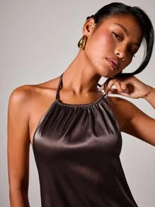 COSMINA Women's Elegant Halter Neck Satin Long Dress - Brown - View 7