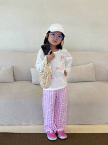 SHEIN Conjunto de camiseta de manga larga de cuello redondo simple y de moda con pantalones casuales y versátiles para niñas en otoño, adecuado para el ocio en casa, reuniones familiares o uso diario - Multicolor - Ver 4