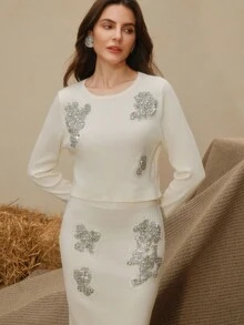 Anewsta 2 件女士奢华手工水钻装饰修身羊毛毛衣套装，秋冬 - 白色 - 查看 7