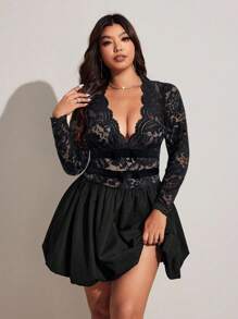 Viva Relle Vestido sexy de manga larga con cuello en V profundo, fruncido y con encaje en contraste para mujer de talla grande - Negro - Ver 1