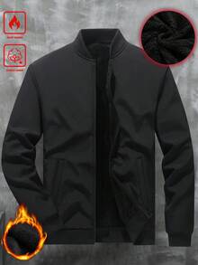 Manfinity Homme Men's Plus Size Solid Color Fleece Baseball Jacket,Winter Warming Zip-Up Collar Long Sleeve Casual Black Jacket,Modest Style For Date And Fall - Black - View 1