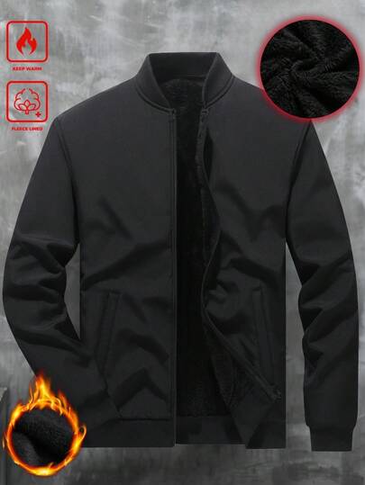 Manfinity Homme Chaqueta de béisbol con cremallera y cuello de felpa de unicolor de manga larga para hombres de talla grande, chaqueta de abrigo de felpa para hombres, chaqueta negra para hombres, chaqueta de abrigo de invierno para hombres, chaqueta con cremallera casual para hombres, otoño