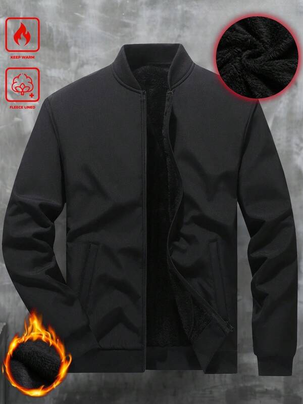 Manfinity Homme Chaqueta de béisbol con cremallera y cuello de felpa de unicolor de manga larga para hombres de talla grande, chaqueta de abrigo de felpa para hombres, chaqueta negra para hombres, chaqueta de abrigo de invierno para hombres, chaqueta con cremallera casual para hombres, otoño