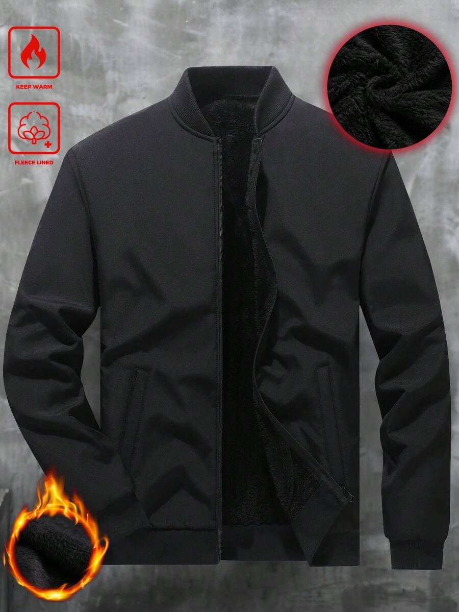 Manfinity Homme Men's Plus Size Solid Color Fleece Baseball Jacket,Winter Warming Zip-Up Collar Long Sleeve Casual Black Jacket,Modest Style For Date And Fall - Black - View 1