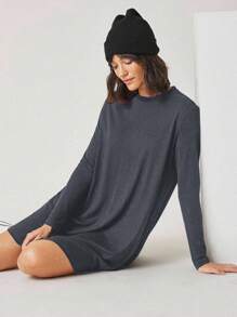 EURMUSE Women's Solid Color Round Neck Loose Casual Long-Sleeved Dress - Dark Grey - View 4