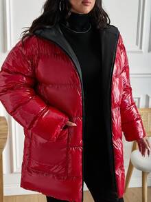 EURMUSE Plus 休闲闪亮红色高品质特殊面料连帽羽绒冬季外套 - 紅色 - 查看 4