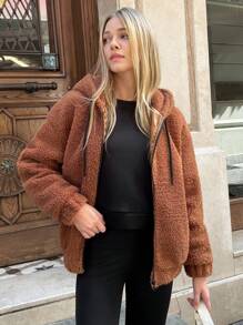 EURMUSE Sherpa Fleece Jacket With Front Zipper Closure, Black Trim Detail On Collar, Warm And Cozy Casual Outerwear Brown Teddy Jacket Brown Sherpa Jacket Teddy Hoodie Sherpa Hoodie Womens Brown Jacket - Camel - View 4