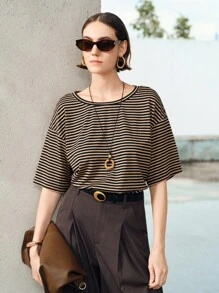 Uhlyne Uhlyne Women's Casual Striped Short Sleeve T-Shirt, Summer - Brown - View 5