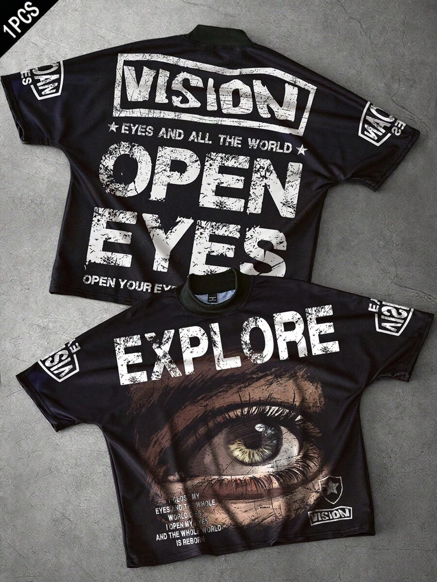 Manfinity ZONE917 1 pieza Camiseta de hombre de corte relajado con estampado de figura y eslogan casual de calle, verano - Negro - Ver 1