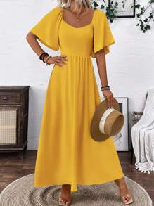 Chiquease Clasi Breezaya 女式奶油黄波西米亚风方形优雅领口浪漫毕业生日礼服音乐会服装海滩女士服装泡泡袖露背蝴蝶结连衣裙带蝴蝶结春夏超长度假柔软面料荷叶边袖长裙 - 黃色 - 查看 4