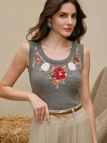 Anewsta Women's Casual Fashion Embroidered Rhinestone Knit Vest - Grey - View 7