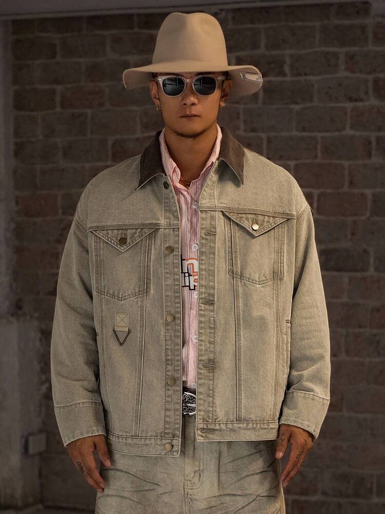 Men's Contrast Color Collar Patchwork Pocket Design Gray Khaki Jacket And Coat, Autumn