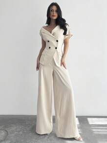 Firerie 女士休闲简约通勤时尚新款不对称露肩双排扣短袖薄款西装外套和高腰阔腿长裤杏色两件套，女士夏季办公室服装，毕业礼服，毕业，女士教师服装，秋冬返校 - 杏色 - 查看 3