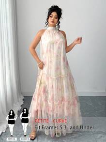 SHEIN PETITE CURVE 大码女式优雅梭织无袖花卉网眼连衣裙 - 米色 - 查看 5