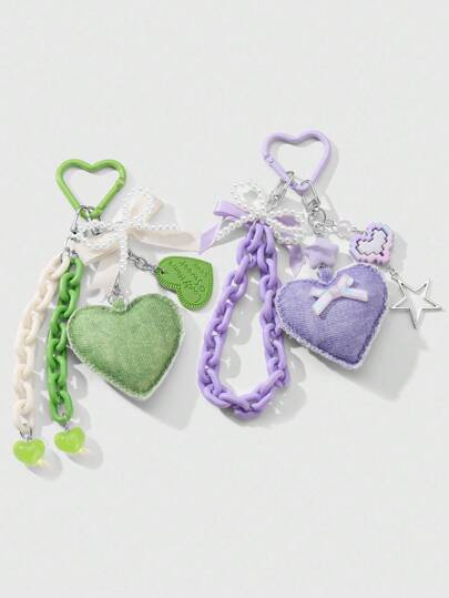 Kawaii 1 pièce Exquis, doux, frais et polyvalent. Nœud de ruban en perles de culture factices minimaliste fait main. Chaîne en acrylique violet/bleu, cœur , porte-téléphone en forme d'étoile. Porte-clés, breloque de sac, décoration de téléphone, convient aux femmes, cadeau