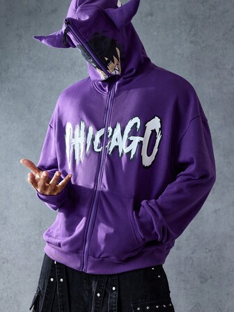 ROMWE MEN Street Life Men's Casual Daily Letter Pattern Zip-Up Hoodie Sweatshirt , Fall