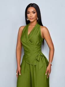 SOLERSUN 女士纯色褶皱侧系腰无袖上衣和裤子两件套休闲套装 - 軍綠色 - 查看 5