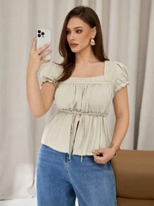 Auralis Plus-Size Women's Short-Sleeved Shirt,Elegant Beige Summer Wedding Guest Tops,Cute Y2k Funny Casual Top - Apricot - View 6