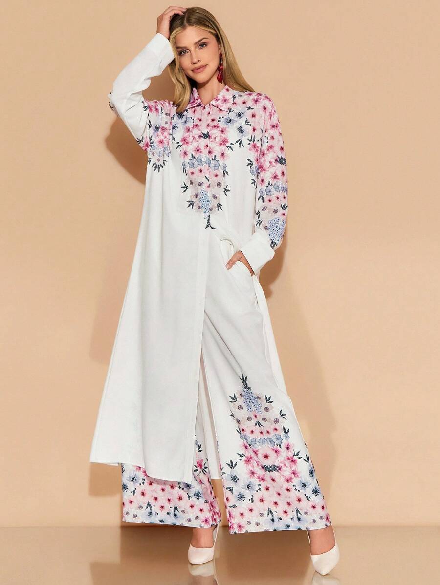 Amorya Women's Long Shacket, White & Pink Textured Fabric, Long Sleeve, Wide Leg Pants, Loose & Elegant Daily Wear, Spring/Summer, Autumn 2-Piece Set Teacher Outfits For Women