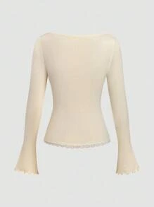 SHEIN LUNE Autumn/Winter Lace Patchwork Minimalist Flare Sleeve Knit Pullover Sweater For Women Knit Pullover Fall - Apricot - View 8