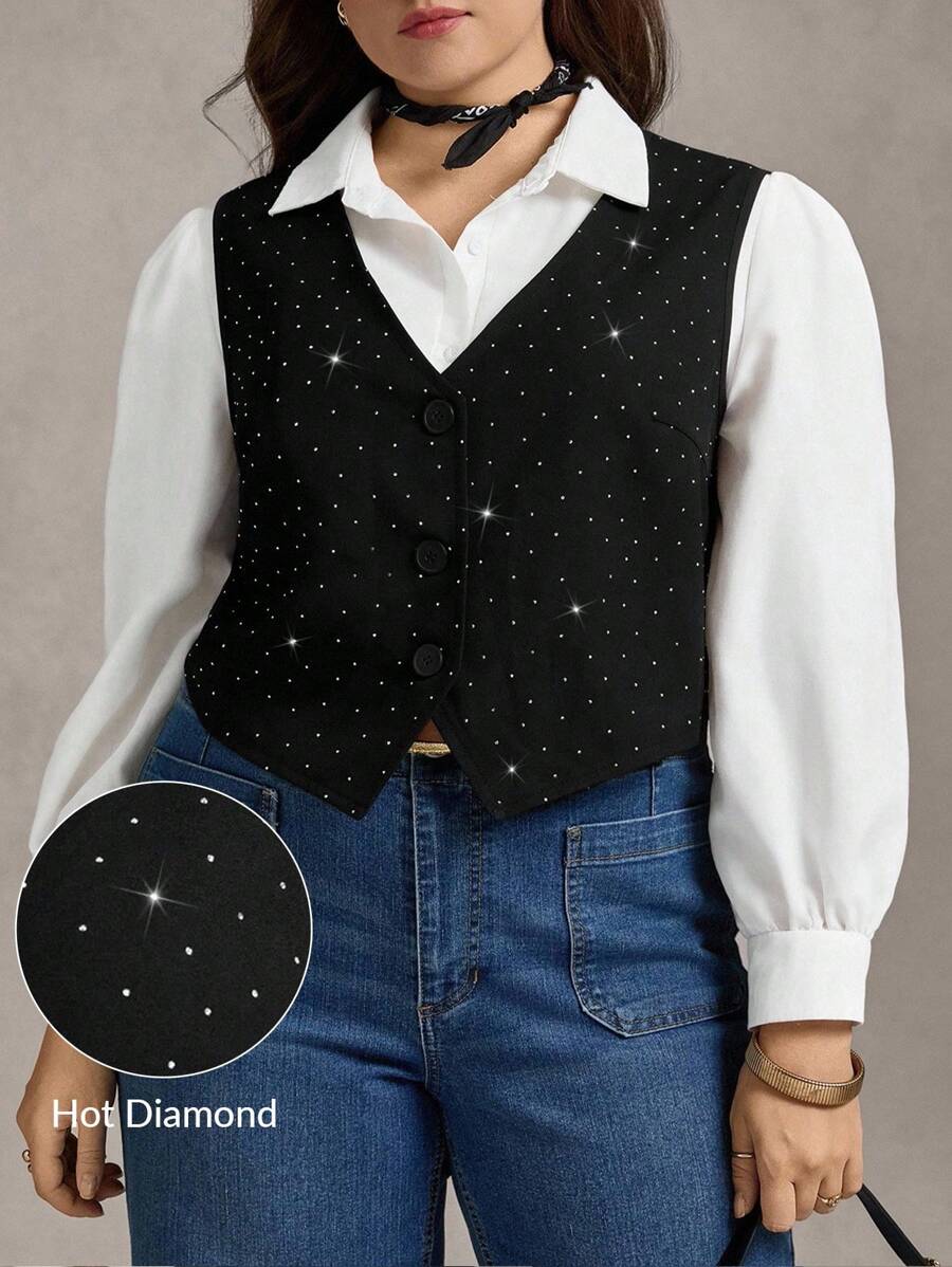 Zelara 大码秋季商务休闲复古斯德哥尔摩风格外出教师复古商务休闲水钻细节衬衫，秋冬返校狂欢音乐会返校节办公室穿着商务纽扣衬衫