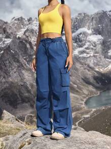 Women's Cargo Pocket Pleated Wide Leg Loose Casual Denim Pants Outdoor Pants For Hiking Sun Protection Lightweight Quick Dry - Blue - View 3