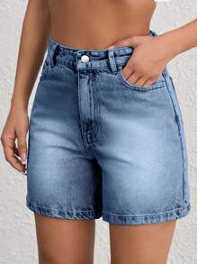 EURMUSE WOMEN VINTAGE WASH HIGH WAIST DENIM SHORT Y2K STYLE - Baby Blue - View 4