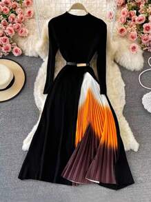 INAWLY 女士优雅修身立领渐变色腰带装饰长袖连衣裙 - 黑色 - 查看 1